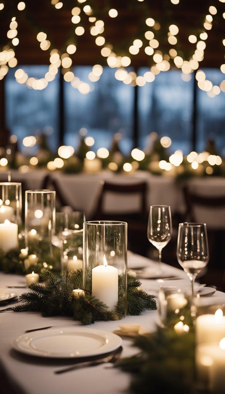 A cozy winter wedding scene with twinkling lights, pine garlands, and white roses adorning the tables, creating a romantic and festive atmosphere