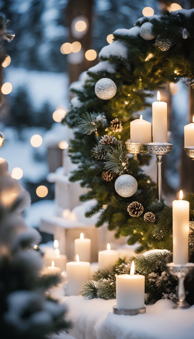 A winter wonderland wedding scene with snow-covered pine trees, twinkling lights, and festive decor, including wreaths, candles, and elegant white and silver accents