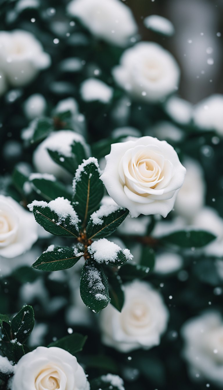 A snowy landscape with evergreen trees, white roses, silver accents, and touches of deep red and emerald green