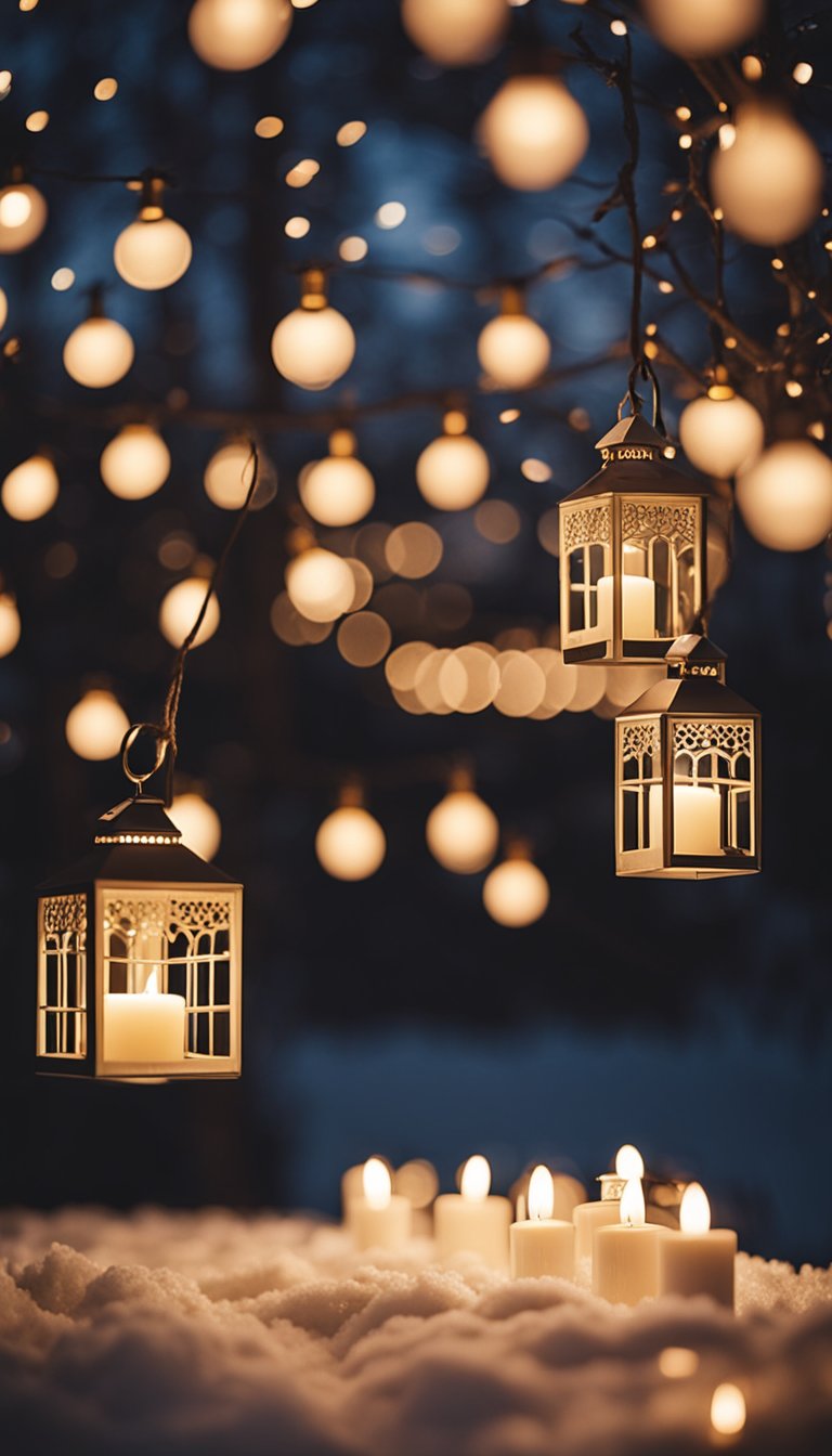 A cozy winter wedding scene with twinkling string lights, flickering candles, and warm, glowing lanterns creating a romantic and festive atmosphere