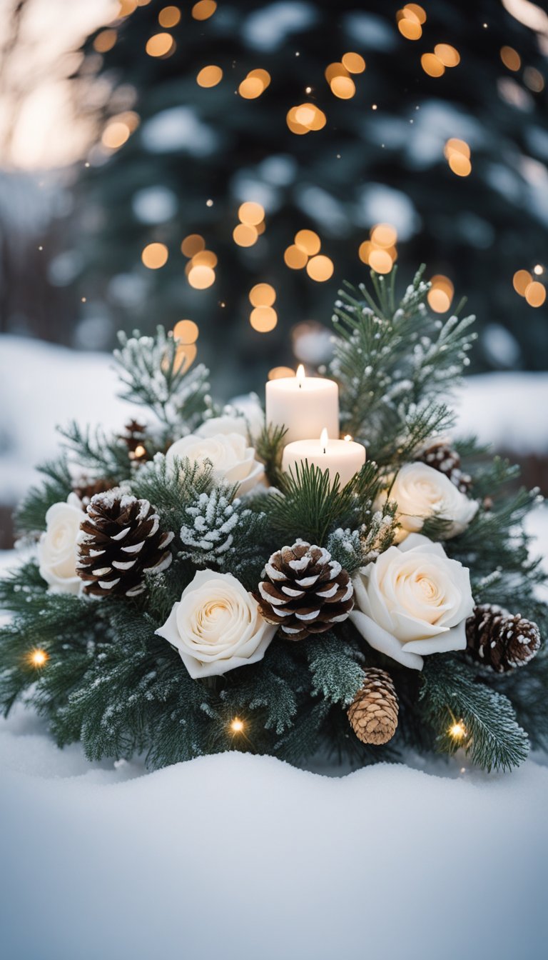 A cozy winter wedding scene with floral arrangements featuring white roses, pinecones, and eucalyptus, set against a backdrop of snow-covered trees and twinkling lights