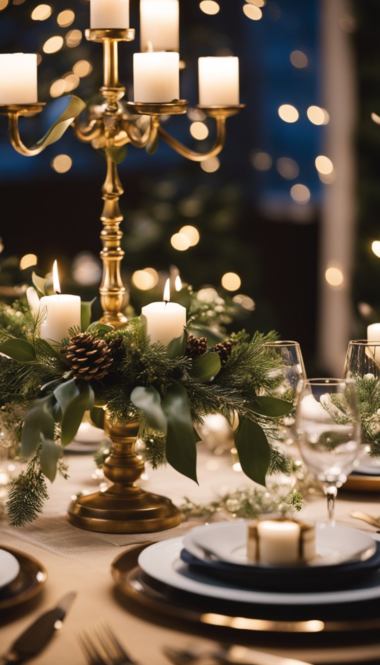 A festive December wedding table with elegant place settings, twinkling candlelight, and seasonal floral centerpieces