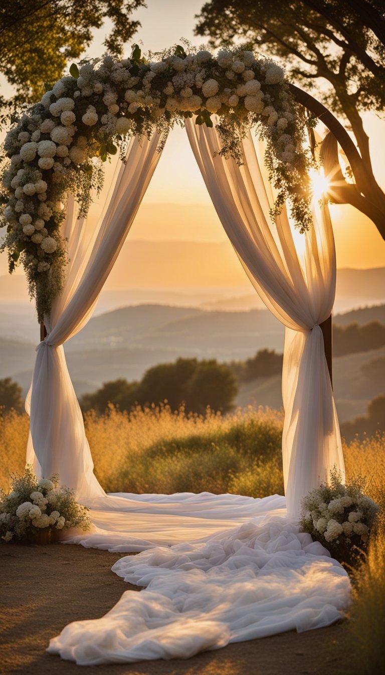 A rustic wedding arch adorned with wildflowers and draped with flowing fabric, set against a backdrop of rolling hills and a golden sunset