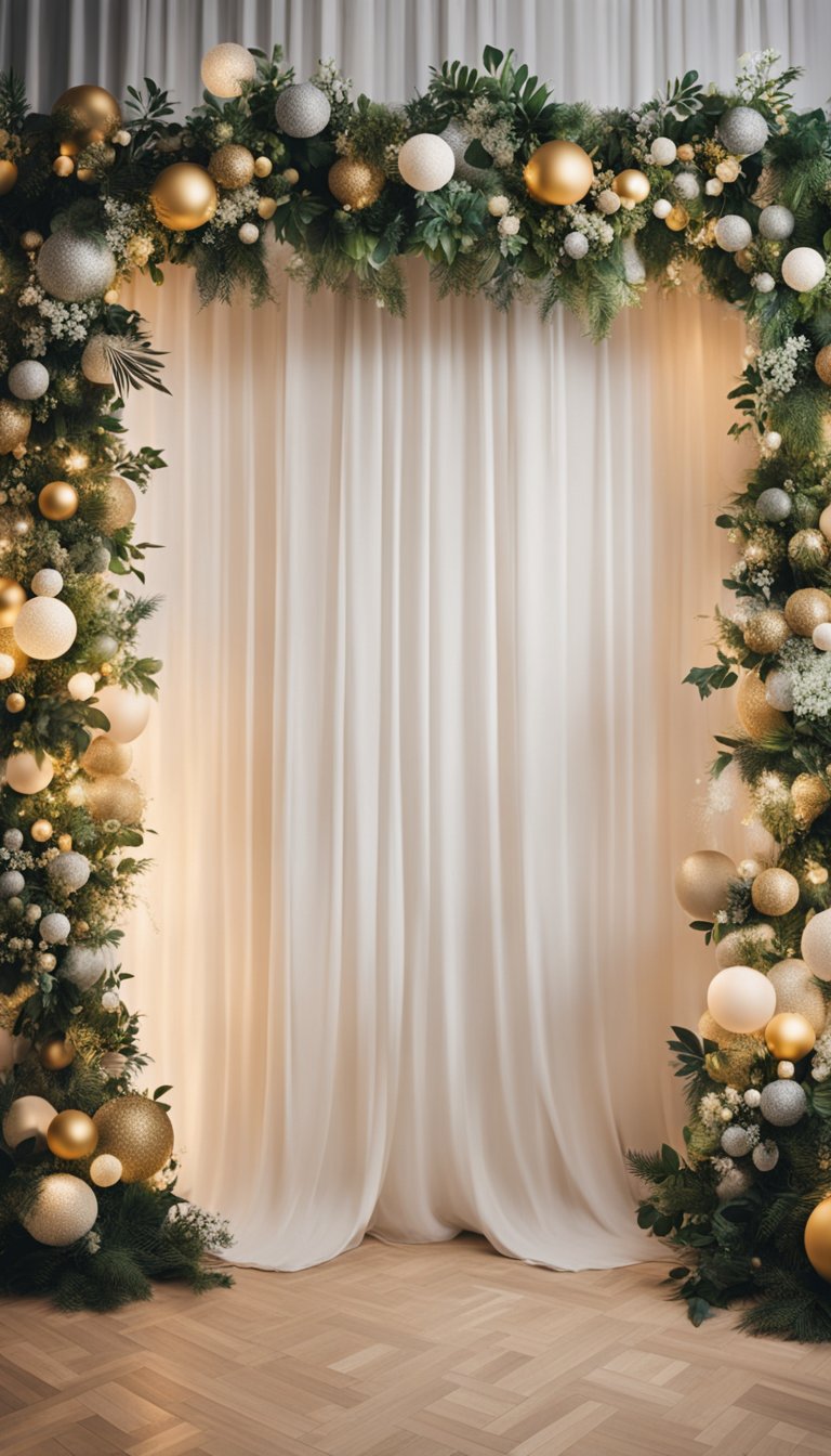 A festive wedding photobooth with themed backdrops and props