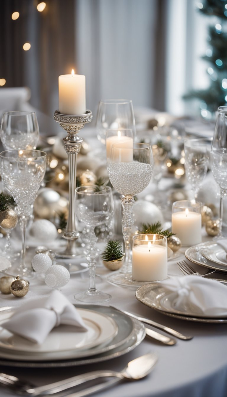 A festive table setting with winter-themed wedding favors, surrounded by elegant decorations in shades of white and silver