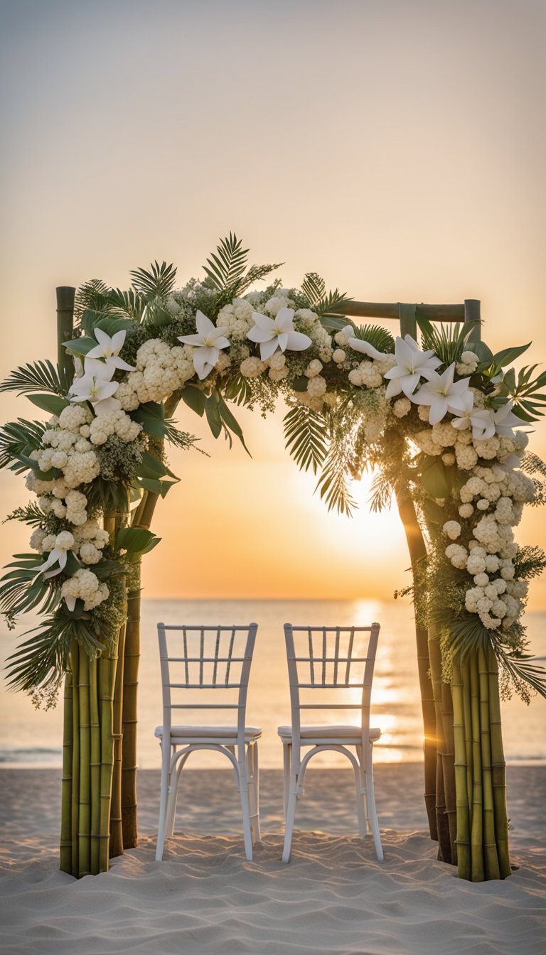 A small beach with a simple bamboo arch, white chairs, and delicate floral arrangements. The ocean is calm, and the sun is setting in the background