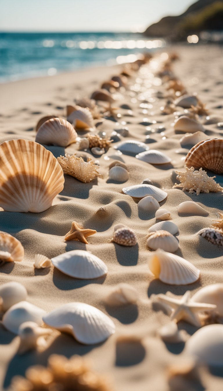 A sandy aisle lined with seashells and small beach-themed decor for a micro wedding by the ocean