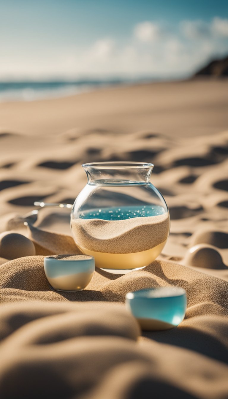 A small beach with two glass vessels, one filled with sand. A couple holds the vessels, pouring the sand into a single container