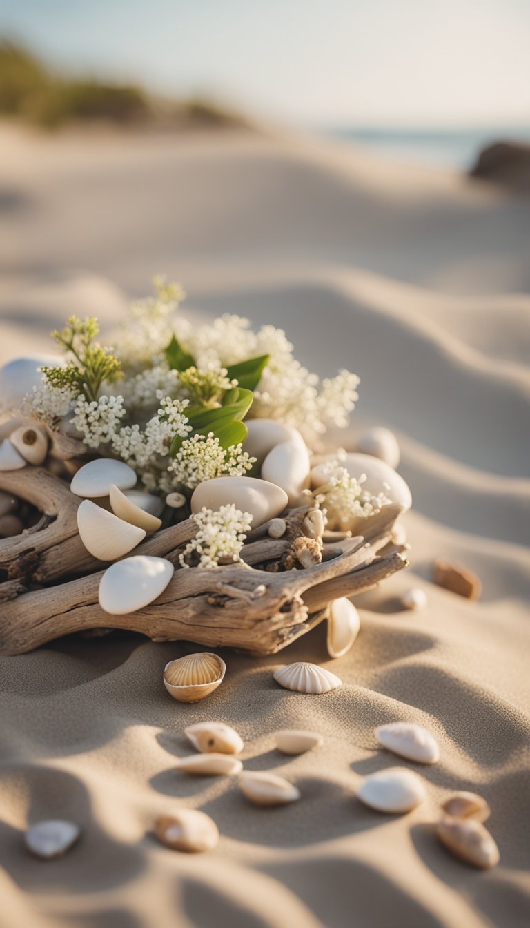 Driftwood centerpieces adorn a sandy beach wedding setting, with small shells and delicate flowers scattered around