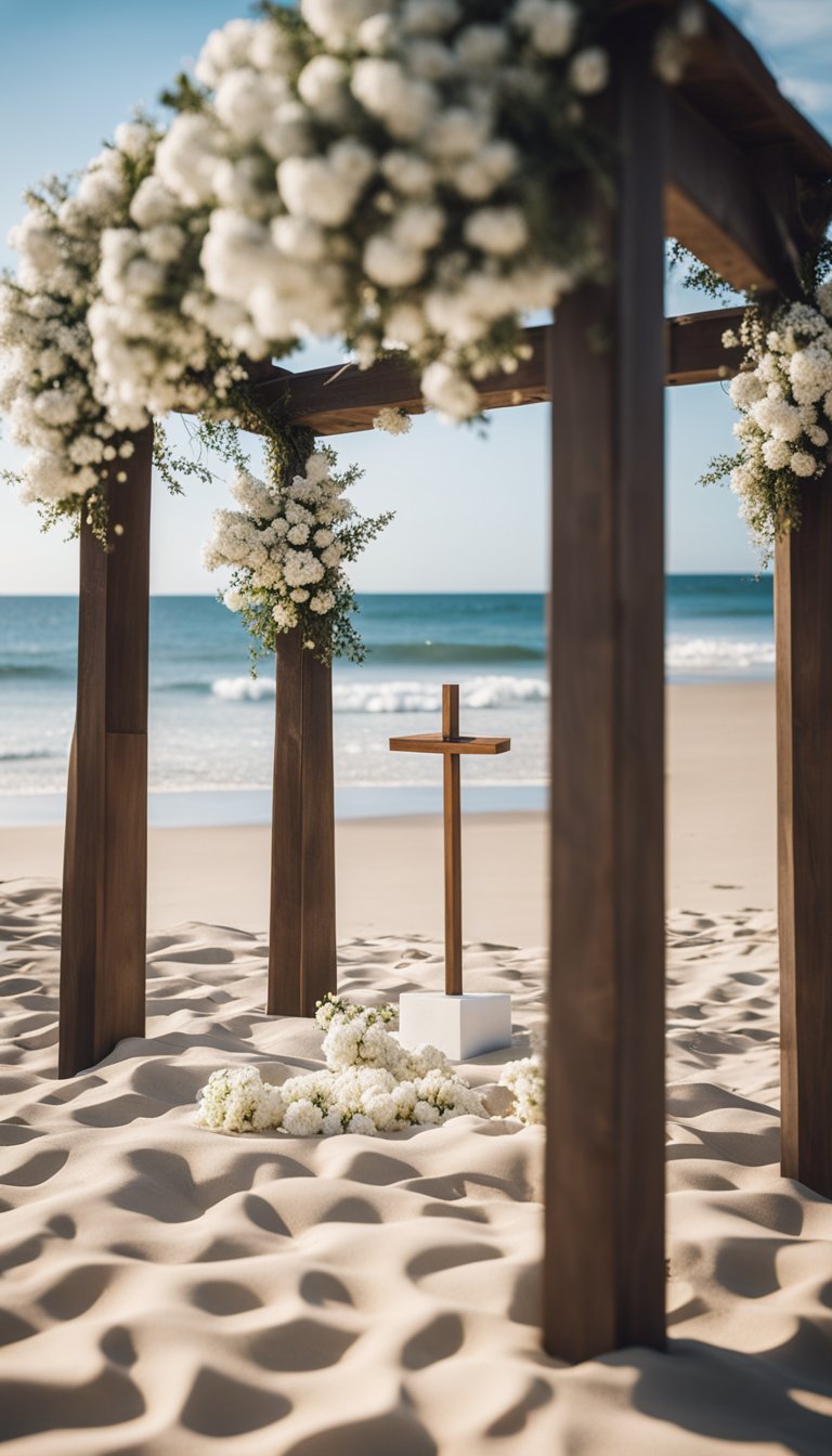 A sandy beach with a simple wooden altar adorned with delicate white flowers and flowing fabric in the breeze