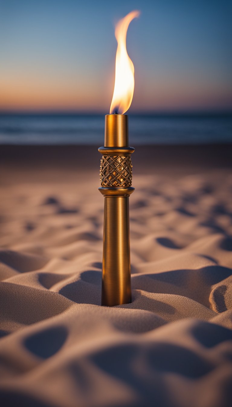 A tiki torch illuminates a serene beach wedding setting at dusk