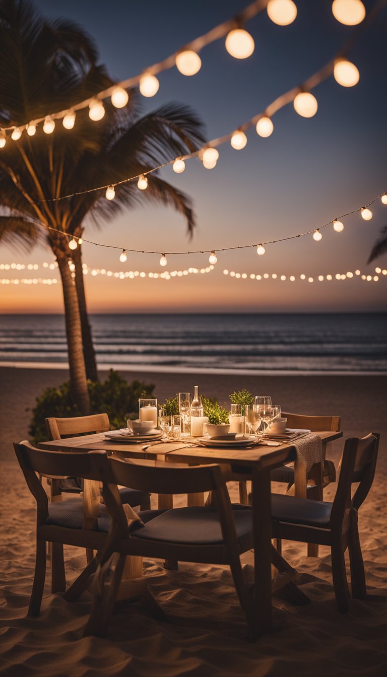 A cozy beachside dinner with string lights, a small table, and a few chairs set on the sand, with the ocean in the background