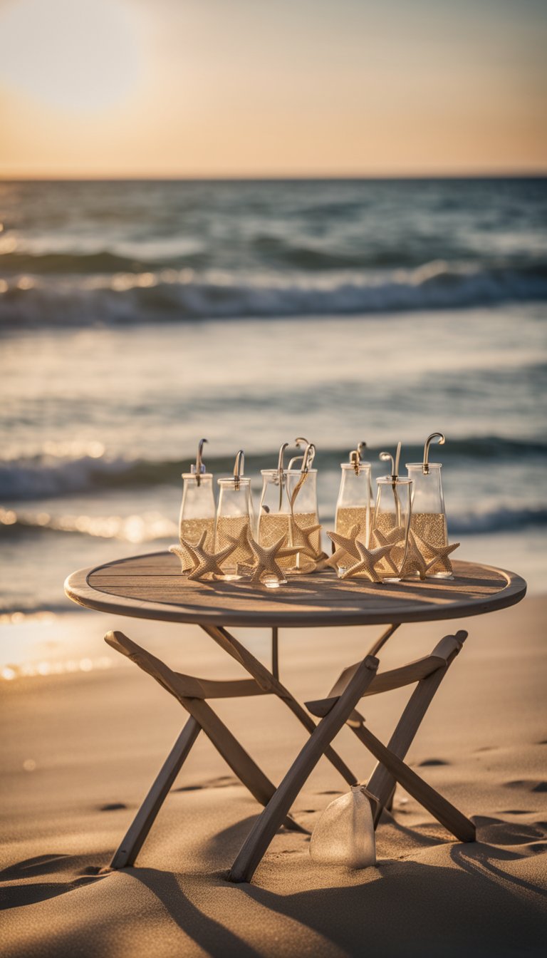 A sandy beach with starfish table placeholders scattered among mini beach chairs and umbrellas, set against a backdrop of gentle waves and a sunset