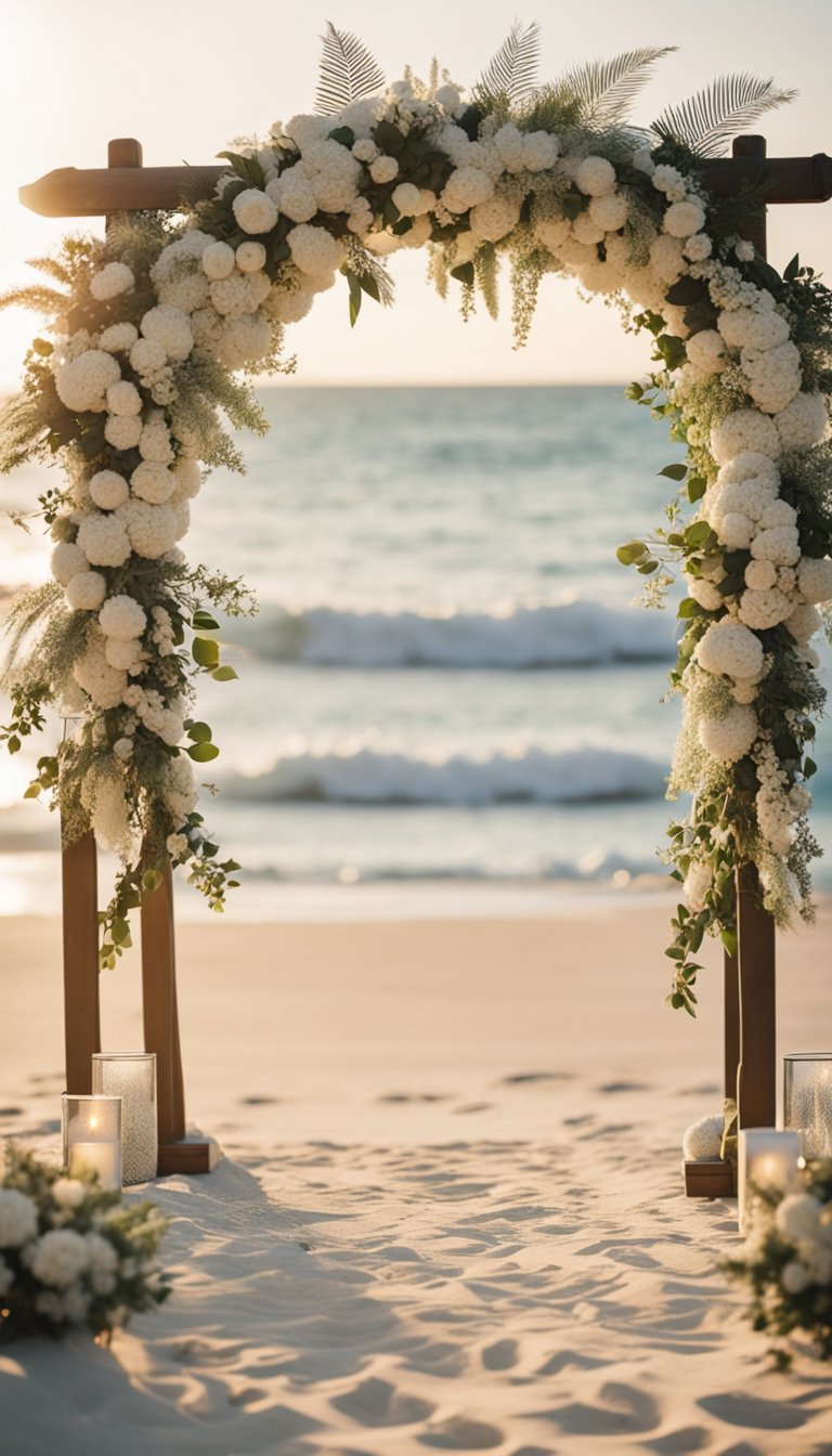 A serene beach with a small, intimate wedding setup, featuring a beautiful archway adorned with flowers and flowing fabric, surrounded by soft sand and gentle waves