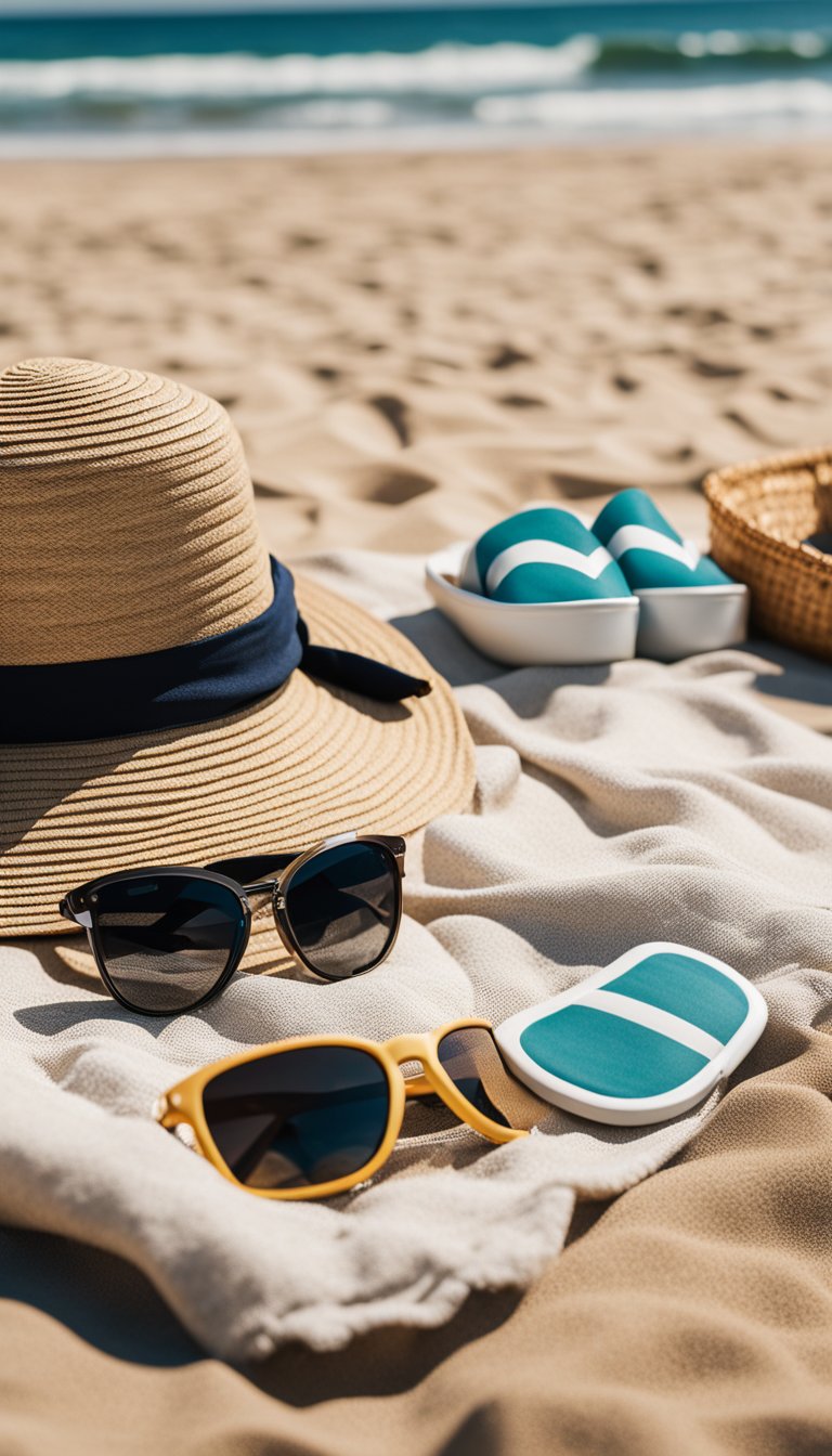 A couple's beach outfits laid out on a sandy shore with a straw hat, sunglasses, and a picnic blanket nearby