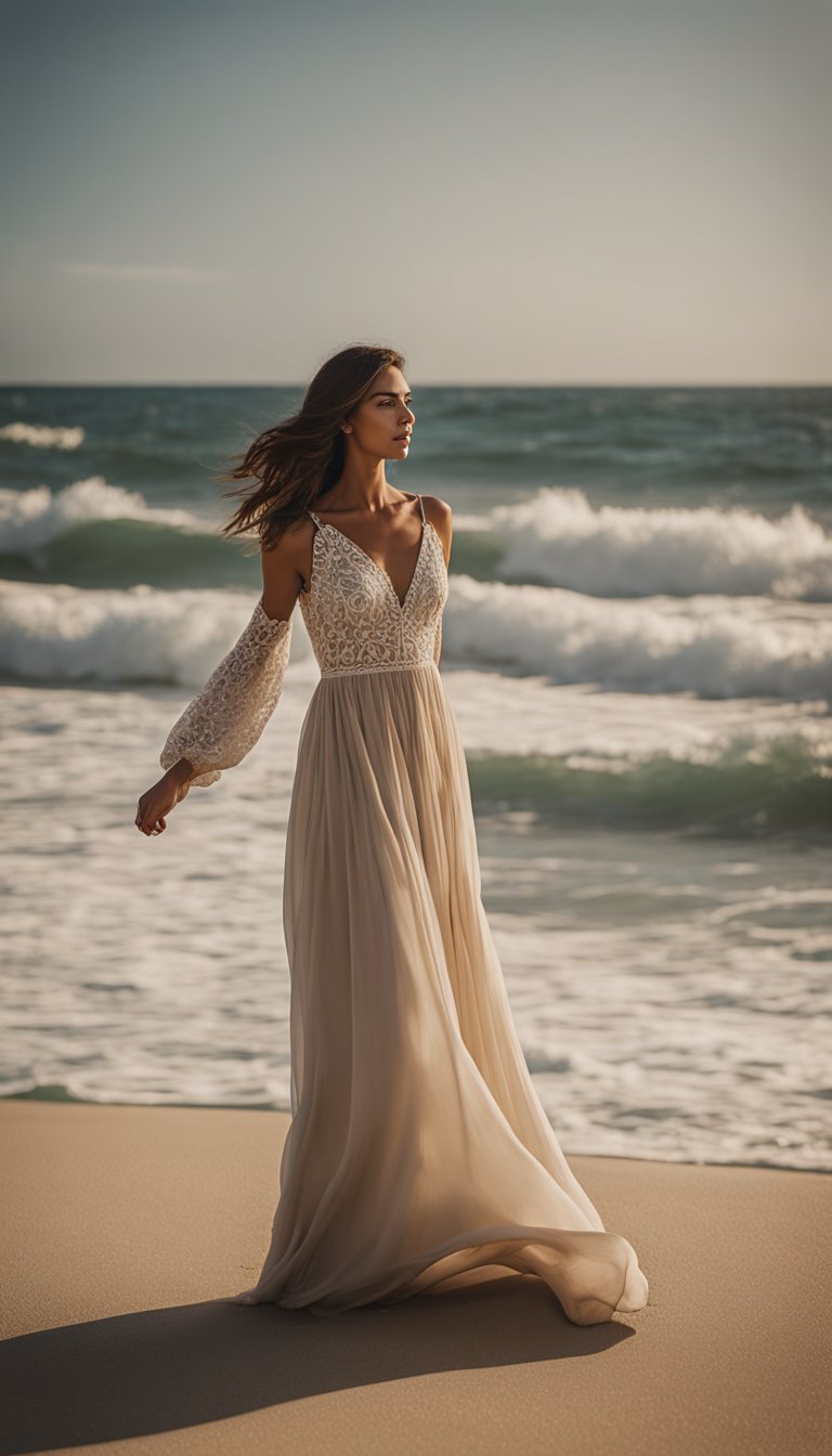 A flowy maxi dress blowing in the breeze on a sandy beach with waves crashing in the background
