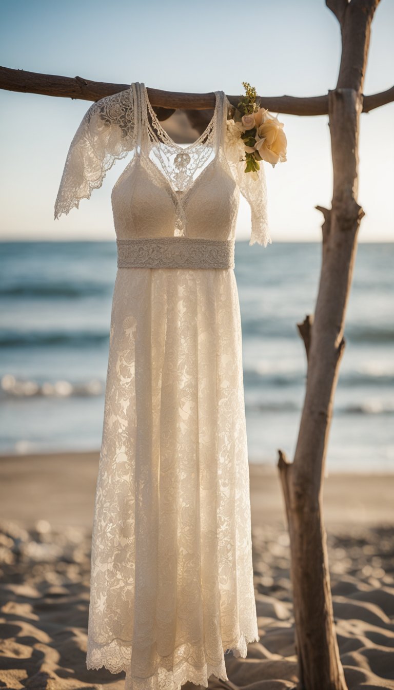 A flowing bohemian lace gown hangs on a driftwood hanger, surrounded by beachy accessories like seashells and tropical flowers