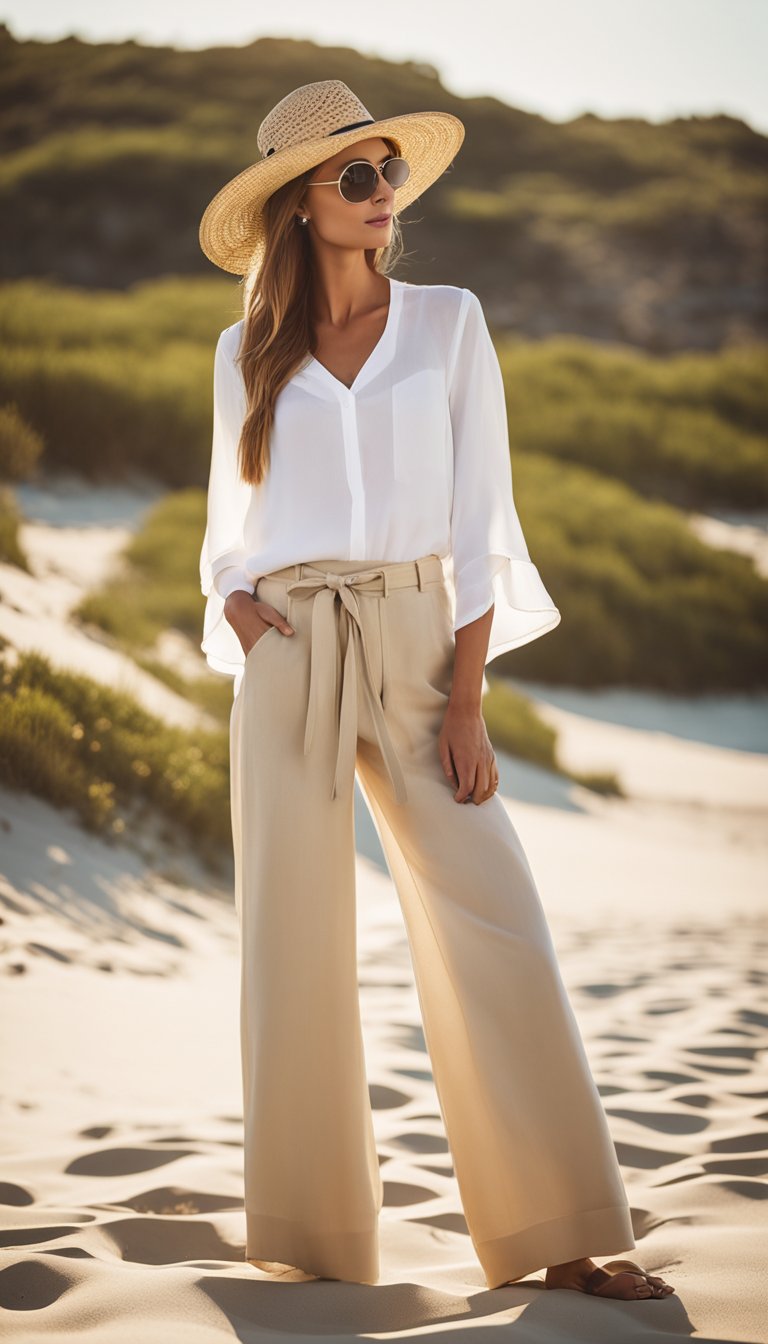 A pair of linen wide-leg pants, a straw hat, and a flowy white top laid out on a sandy beach with the ocean in the background