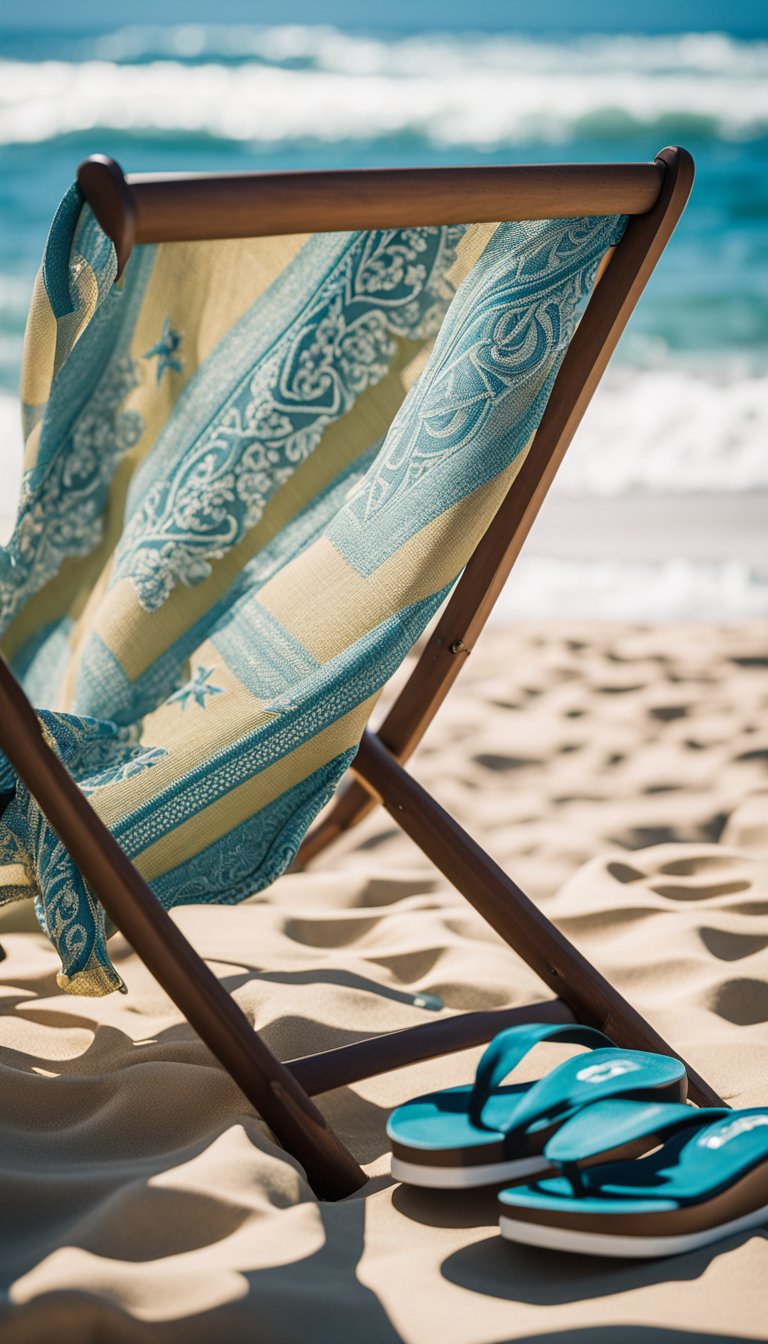 A sarong draped over a beach chair, with a pair of sandals and a sun hat nearby. The ocean waves and a clear blue sky in the background