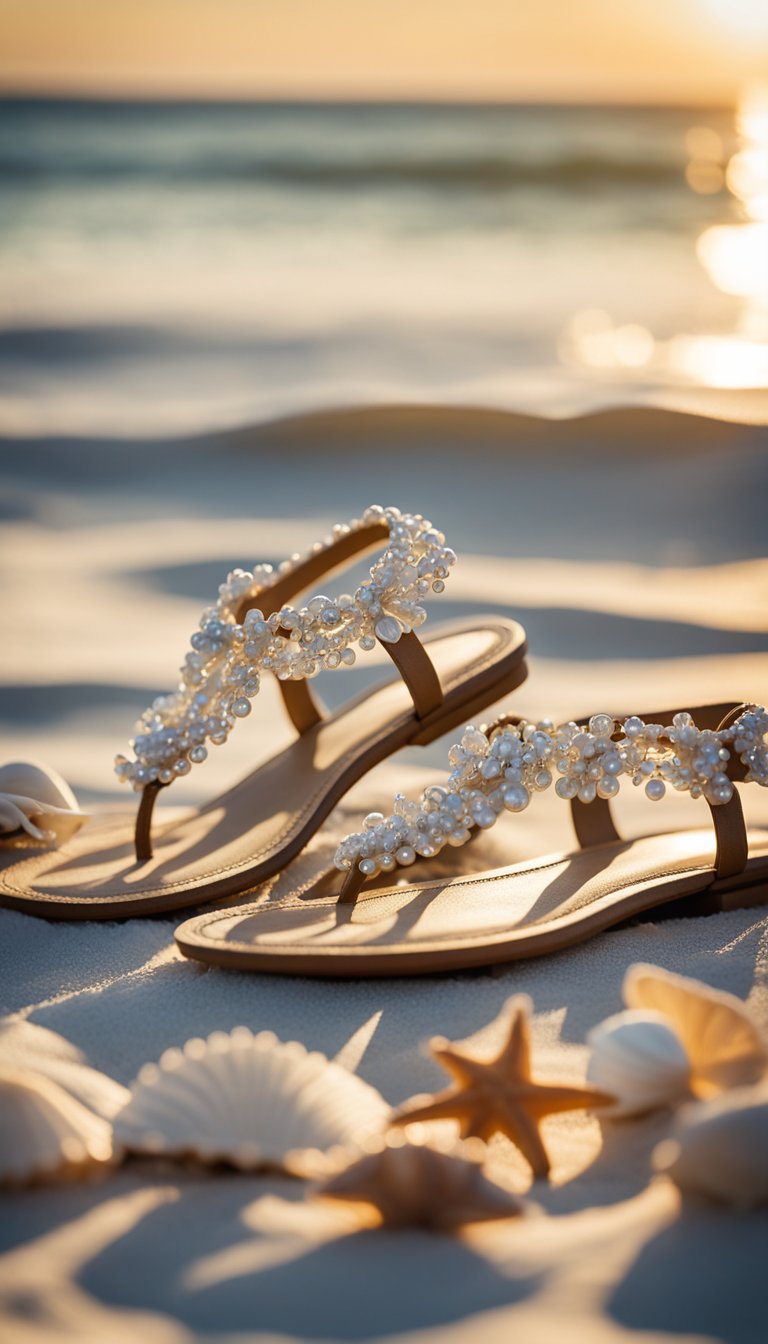 A pair of beaded sandals sit on a sandy beach, surrounded by seashells and a flowing sheer white fabric, with the ocean in the background