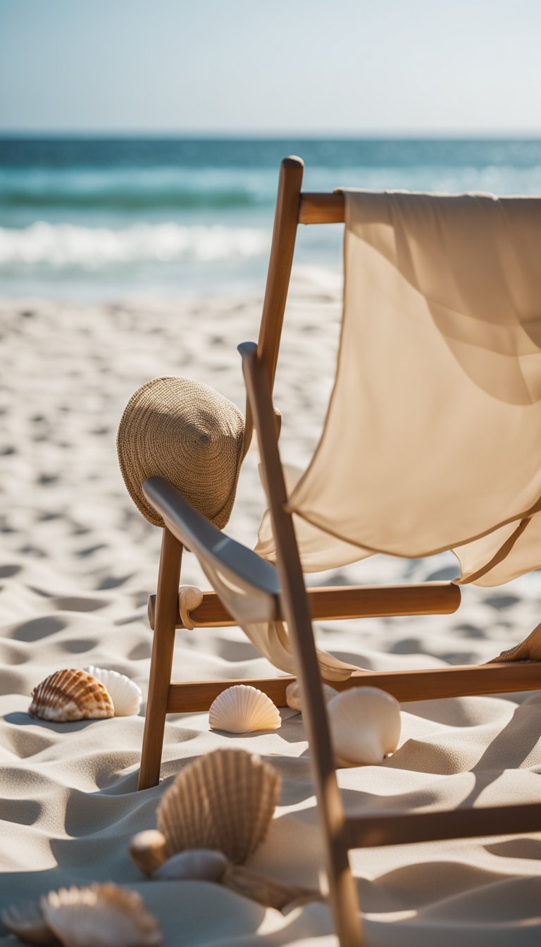 A sandy beach with a chiffon kimono draped over a beach chair, surrounded by seashells and a view of the ocean