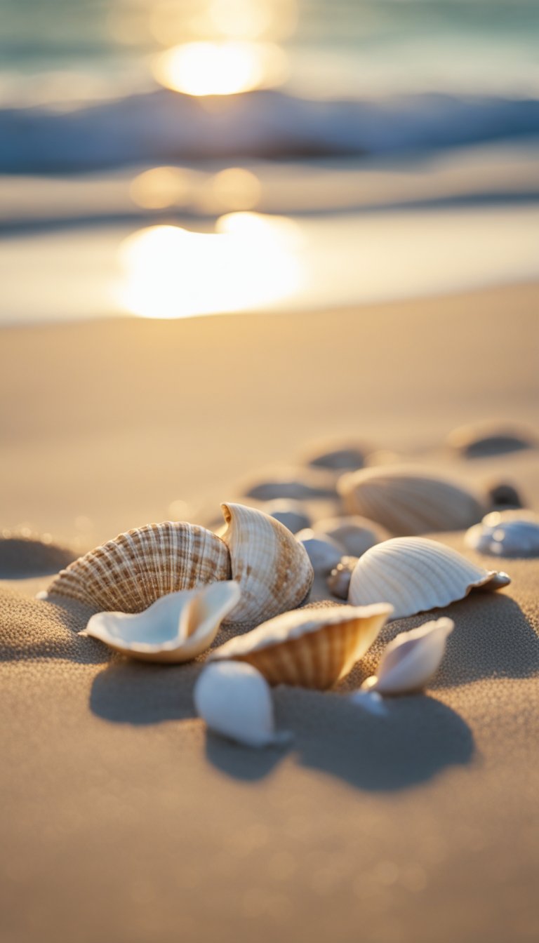 A sandy beach with waves gently lapping the shore, a delicate shell anklet resting on the sand, surrounded by seashells and a soft, flowing fabric