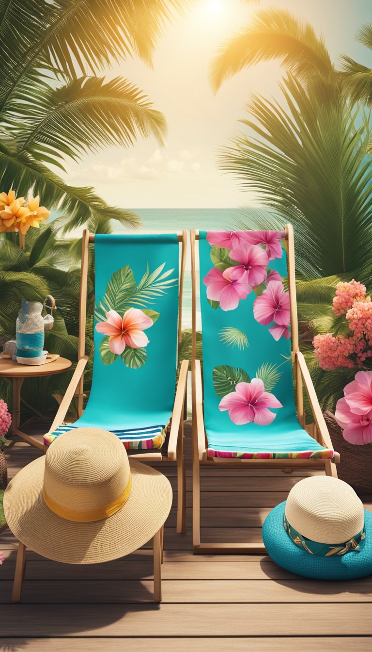 A sandy beach with a colorful array of beach outfits laid out on a wooden deck chair, surrounded by tropical flowers and palm trees