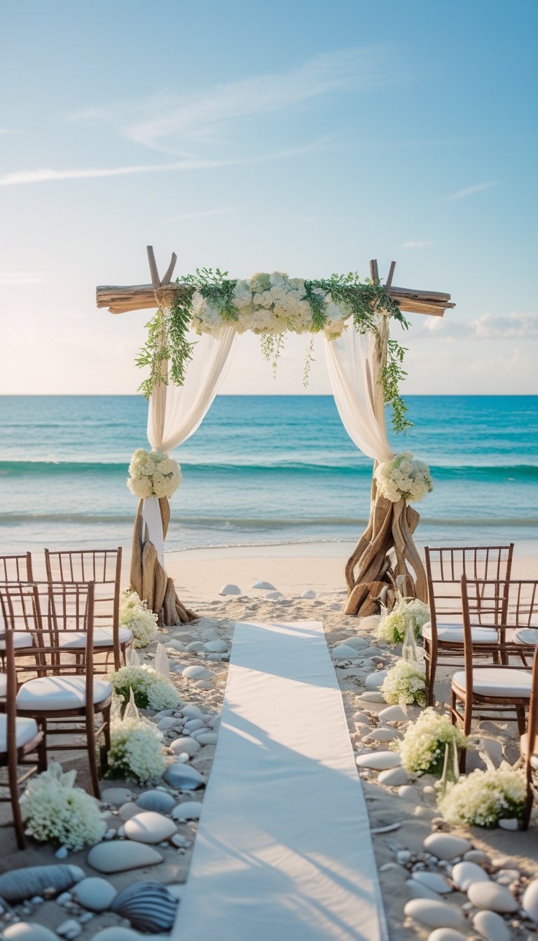 A small wedding altar decorated with white flowers and fabric on a sandy beach by calm turquoise ocean under a clear sky.