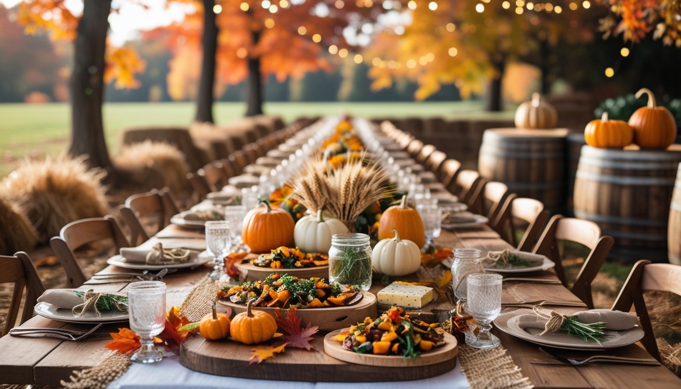 An outdoor rustic wedding table decorated with fall leaves, pumpkins, and farm-fresh food under colorful autumn trees.